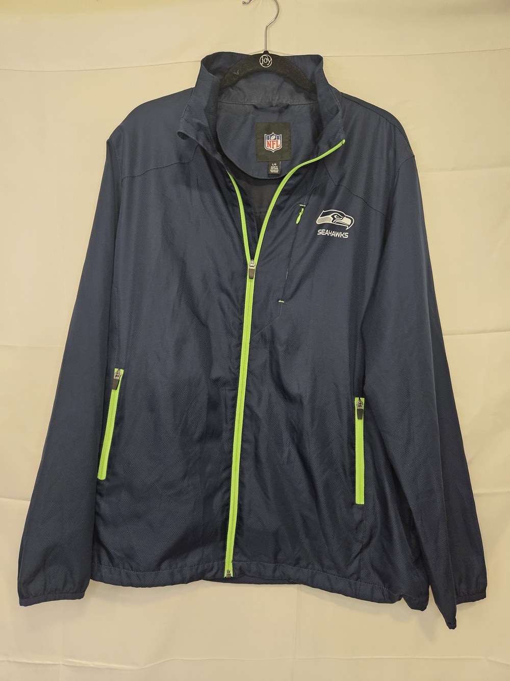 NFL Seattle Seahawks Navy Windbreaker Neon Green Trim full zip pockets Sporty